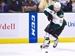 Sarnia native Dustin Jeffrey streaks down the wing during the 2nd game of the Texas Stars championship series against the St. John's IceCaps in this year's AHL Calder Cup Playoffs. Jeffrey scored 12 points in 19 games during Texas' championship run. (Photo courtesy of Christina Shapiro/Texas Stars)
