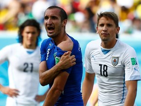 Italy's Giorgio Chiellini shows his shoulder, claiming he was bitten by Uruguay's Luis Suarez, during their 2014 World Cup Group D soccer match at the Dunas arena in Natal June 24, 2014. (REUTERS/Tony Gentile)