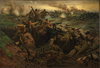 Battle of Frezenberg, May 8, 1915. The artist, W.B. Wollen, based the painting on a small section of the battlefield.  The men at the top left throwing grenades are Privates  J. McCormack and J.Kelly. The Machine-gunner is Corporal C. Dover with Private L. Phillips to his right. The man to his right is Private G. Candy. Lt Hugh Niven is yelling with his hand to his mouth as Corporal A.G. Pearson, at left, carries an ammunition box. The wounded man sitting at bottom of trench is Sergeant John McDermott. 

Note: Privates J. Kelly and McCormack were later killed in action. Corporal C. Dover lost an arm and a leg and was shot by a sniper during evacuation. Private G. Candy was awarded an MID (Mention in Dispatches) at Kemmel. Lance Corporal Pearson would be awarded a DCM and later a MC. He would command the Regiment in the waning years of the war (16 Oct to 21 Nov 1918). Niven would lead what remained of the battalion, 4 officers and 150 men out of the line at the end of the battle. He was awarded an MC and later in the war, a DSO. He would command the Regiment post WWI. The officers with Niven were Lieutenants Talbot Papineau (MC from St Eloi), J. Van den Berg (DSO at Vimy) and D. Clarke (MC at Frezenberg). Papineau was later killed in action at Passchendaele. (SUPPLIED)