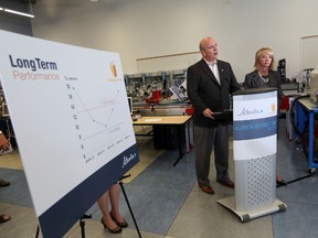 President of NAIT, Dr. Glenn Feltham (l) and Diana McQueen, Minister of Energy announce a $2.1 billion gain in the Heritage Fund during a news conference at NAIT in Edmonton, Alta., on Tuesday, June 23, 2014.  Perry Mah/Edmonton Sun