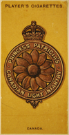 PPCLI cigarette package (actually a cigarette card included in cigarette packages) 
A cigarette card placed in cigarette packages issued by John Player & Sons to honour the Regiment. On the back it notes that the PPCLI was the "first Canadian regiment to join the British Expeditionary Force in France. It has suffered more casualties and seen more fighting than any other Canadian Unit…" (SUPPLIED)