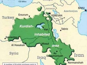 Map showing the areas where Kurds live