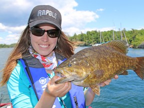 Ashley Rae with a five-pound smallmouth bass caught and released in Gananoque. (Supplied photo)