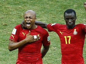 Ghana's Andre Ayew celebrates his goal with teammates Mohammed Rabiu  during their 2014 World Cup Group G soccer match against Germany at the Castelao arena in Fortaleza June 21, 2014. (REUTERS/Mike Blake)