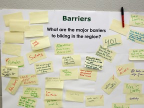 Here are some notes attendees at the first annual Quinte Bike Summit at Quinte Sports and Wellness Centre in Bellevile, Ont. shared with organizers on how to make the city more bike friendly, Wednesday, June 25, 2014. - JEROME LESSARD/THE INTELLIGENCER/QMI AGENCY