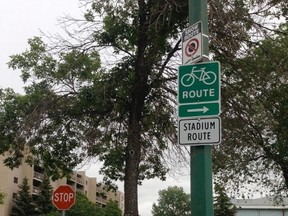 The city has added "stadium route" signs leading to Investors Group Field in the hope of diverting cyclists and pedestrians away from Pembina Highway. (CITY OF WINNIPEG PHOTO)