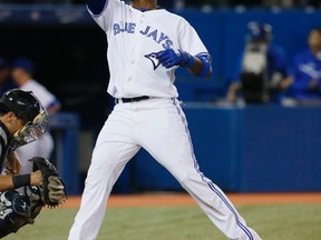 Blue Jays’ Jose Reyes homers on the first pitch to him against the Yankees last night.  (Jose Reyes/Toronto Sun)