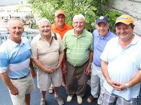 Gino Donato/The Sudbury Star
The 40th anniversary of the "In Touch" golf tournament took place on Tuesday, was sponsored by Vale in conjunction with the Lively Tuesday Pensioners at the Lively Golf Club. 133 golfers took part in the event, all retirees aged from 50-90. From left are overall winner Paul Brunelle with a score of 74, oldest players Dell Gates and Bucky Basso, with younger players Dan Draper,  Paul Pressacco and Joe Sanchioni. In its 40 years the event has always been sponsored by one of Sudbury's nickel giants.