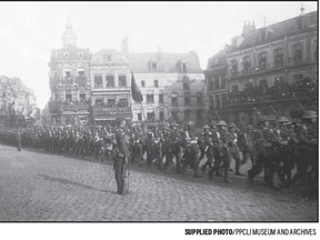 An armistice parade, including 150 Patricias, is seen in Mons, Belgium, on Nov. 15, 1918. The Princess Patricia’s Canadian Light Infantry was the first Canadian regiment to see battle in the First World War. This weekend the PPCLI celebrates its centennial.