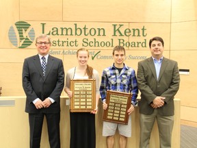 Emily Schaefer and Robbie Smith, both grade 12 students at Northern Collegiate, were presented with the Stefanko Awards for Academic and Athletic Excellence on Thursday, June 26 at the LKDSB offices. The award honours graduating students who excel in the classroom, athletically, and in other extra curricular and community endeavours. Presenting the award to the students were Steve Stefanko (left) and Gary Girardi, principal at Northern (right). (SUBMITTED PHOTO)