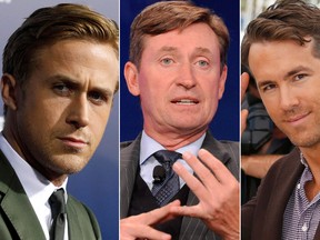 Ryan Gosling, left, Wayne Gretzky, centre, and Ryan Reynolds are all famous Canadians. (Reuters File Photos)