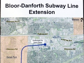 A poster displays the proposed Bloor-Danforth subway line extension. Glen Murray, Minister of Transportation and Minister of Infrastructure announced last fall that the province would spend  $1.4 billion to extend the subway to Scarborough Town Centre. (VERONICA HENRI, Toronto Sun)