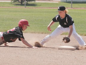 Justin Breen, the shortstop for the Spruce Grove peewee Triple A Whitesox waits patiently for an Okotoks runner to slide into the tag at second base for the successful completion of a kick-off play. - Gord Montgomery, Reporter/Examiner