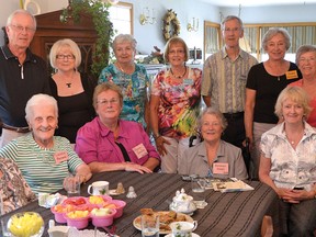 CHRIS ABBOTT/TILLSONBURG NEWS
A group of former Tillsonburg RBC employees got together for a 50th Reunion Wednesday afternoon in Tillsonburg. The 1955-65 reunion participants and guests included, from left, (front) Helen Santo (Szabad), Florence Baldwin, Sharon Scruton, Barbara Graves, Bernadine Taylor, Margaret Rose Sitts (Peaker), Margaret Drotos, (back row) Wayne Beuermann, Don Fallis, Janette Fallis, Karen Beurermann, Marie Franklin (Smith), Dave Knott, Elinor Pottleberg, Barbara Bell (Wilson) and Brenda Sinden. Not available for the photo were Francis Kempf and Mary Ann Heinimann.