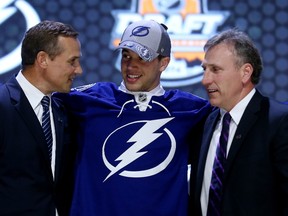 PHILADELPHIA, PA - JUNE 27: Anthony DeAngelo is selected nineteenth by the Tampa Bay Lightning in the first round of the 2014 NHL Draft at the Wells Fargo Center on June 27, 2014 in Philadelphia, Pennsylvania.   Bruce Bennett/Getty Images/AFP