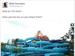 Mayor Mark Gerretsen posted this message, and photo, on his Facebook page Friday morning to gauge the public's interest in a waterslide facility at Lake Ontario Park.