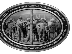 An illustration of one of 100 aluminum plaques to be unveiled simultaneously at 100 different locations across the country recalling Canada's first national internment operations of 1914-1920. The plaque depicts internment prisoners confined behind a wire fence at the Castle Mountain Internment Camp in Banff, AB. SUPPLIED