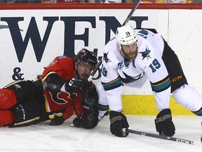 If the Sharks’ Joe Thornton (right) ends up on the trading block, the Maple Leafs and Red Wings are thought to be interested in the big forward. (QMI Agency)