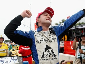 Carlos Huertas, driver of the #18 Dale Coyne Racing Dallara Honda, celebrates after winning the Verizon IndyCar Series Shell and Pennzoil GP of Houston