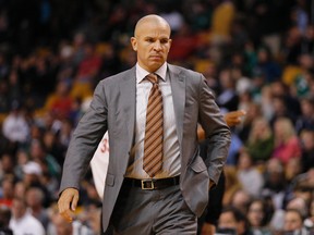 Brooklyn Nets head coach Jason Kidd on the court during a timeout as they take on the Boston Celtics during the first quarter at TD Garden on Oct 23, 2013 in Boston, MA, USA. (David Butler II/USA TODAY Sports)