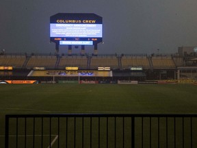 Emergency weather conditions delay the game between the Columbus Crew and FC Dallas at Crew Stadium on Jun 28, 2014 in Columbus, OH, USA. (Greg Bartram-USA TODAY Sports)
