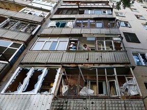 A general view of an apartment block damaged by shelling in Slaviansk in eastern Ukraine June 29, 2014.    REUTERS/Shamil Zhumatov