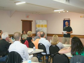 Pembina Area Synergy Group facilitator Rick Anderson welcomes various organizations and agencies to explain their role in natural disaster response at the info session held on June 25.