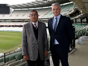 Newly elected International Cricket Council chairman Narayanaswami Srinivasan of India (left) and ICC chief executive David Richardson of South Africa meet the media during the ICC Annual Conference at the Melbourne Cricket Ground. (AFP/Photo)