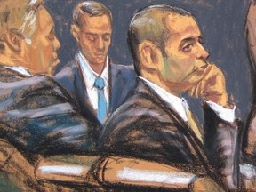 Federal Defender Julia Gatto (R) speaks to the court as former New York City police officer Gilberto Valle (C), dubbed by local media as the "Cannibal Cop", listens in this courtroom sketch on the first day of his trial in New York February 25, 2013.     REUTERS/Jane Rosenburg
