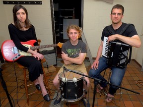 Danielle Fricke, Jonathan Zarola, and Perry Hammoud, l-r, of  Snow Mantled Love following a taping of Reaney's Pick (MORRIS LAMONT, The London Free Press)