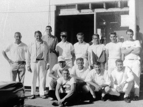 Owners and staff pose in 1964. (Back) Peter, Warner (Owner), John McIntyre, Glen Lackie, Terry Giles, Carl Annett (Owner), Jim Prowse, Roger Griffin (Owner), Neol Douglas (Owner). (Middle) Ken Ridler, Ron Latta (Owner) (deceased), Peter Pollock (Owner) and Bob Hutchinson (Owner) and in front Ken Hord (Owner). Absent from photo Fred Harris (Owner).