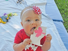 Adella Feller was showing her Canadian spirit during the Perth Care For Kids Canada Day themed gathering for the early years group last Friday, June 27 at the Lions Park in Mitchell. KRISTINE JEAN/MITCHELL ADVOCATE