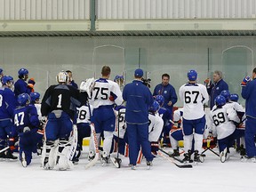 This year's camp in Jasper will have less of this — on-ice workouts during the 2013 development camp in Sherwood Park — and more fun, off-ice activities as an introduction to Oilers culture. (Emdonton Sun file)