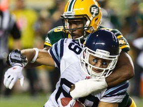 Eric Samuels, shown here in action against the Toronto Argonauts last season, has his first starting assignment with the Eskimos this season as a linebacker, something his defensive co-ordinator at Vanderbilt predicted. (Codie McLachlan, Edmonton Sun file)