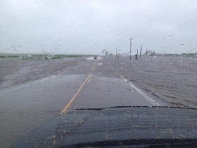 Highway 10 near Brandon, Manitoba, Canada is seen washed out on Sunday, June 29, 2014. (Twitter.com)