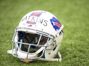 The helmet of Sammy Watkins #14 of Buffalo Bills during the Buffalo Bills rookie minicamp on May 18, 2014 at Ralph Wilson Stadium in Orchard Park, New York. (Brett Carlsen/Getty Images/AFP)
