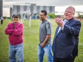 Toronto Mayor Rob Ford watches his son play soccer at Richview Park in on July 3, 2014. (Ernest Doroszuk/Toronto Sun)