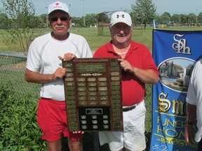 The Sarnia team of, from left, Nick Symes, Grant Collison and Gerry Wild, took top honours when the Sarnia Lawn Bowling Club held the annual Smith Funeral Home Open Triples tournament on Canada Day. Twelve teams took part in the event. Second place went to the local team of Ed Braithwaite, Marg Daye and Edna Braithwaite, while Craig Dorey, Erin Dorey and Michelle Whitehead from Dresden finished third.​