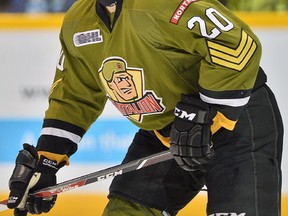 North Bay Battalion forward Jamie Lewis was recently handed down an eight game suspension for a positive drug test that showed he had used the banned substance methylhexeanamine or DMAA. (Photo by Terry Wilson / OHL Images.)