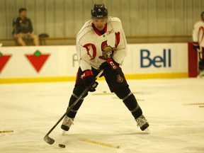 Cody Ceci goes through drills at the Senators development camp at the Sensplex on Friday. (Chris Hofley/Ottawa Sun)