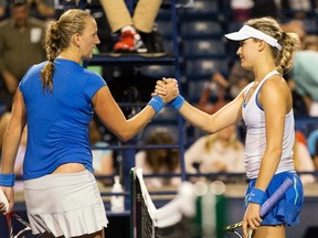 Petra Kvitova (left) shakes hand with Eugenie Bouchard in 2013 after a match in Toronto. (Mark Blinch, Reuters)