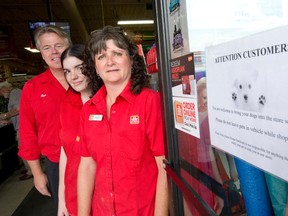 Home Hardware owners Ron Harris, left, and Tracey Harris, right, are joined by employee Kristen Myers, who placed a sign on the store window inviting dog owners to bring their furry friends inside the store instead of leaving them in sweltering vehicles, at the shop, located near the intersection of Huron and Adelaide streets. 
(CRAIG GLOVER, The London Free Press)