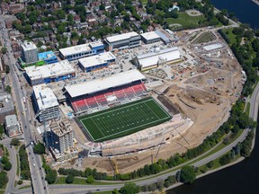 The construction scene at TD Place and the surrounding area. The new football stadium is going to be ready for the RedBlacks first home game on July 18. The park portion of Lansdowne is slated to open Saturday, Aug. 16, 2014. 
Photo courtesy the City of Ottawa.