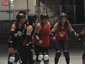 Action from the Headstone Honeys vs. Low Rollers (Kenora) bout on July 5. (Kevin Hirschfield/THE GRAPHIC)