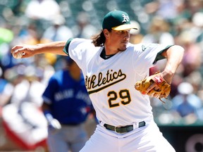Athletics pitcher Jeff Samardzija delivers against the Blue Jays during first inning action in Oakland on Sunday, July 6, 2014. (Cary Edmondson/USA TODAY Sports)