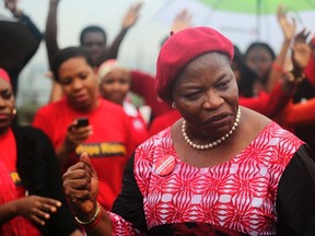 A campaigner and former Minister of Education Obiageli Ezekwesili speaks to a group of "Bring Back Our Girls" campaigners at a speak-out session near Nigeria's Lagos Marina July 5, 2014. (REUTERS/Akintunde Akinleye)