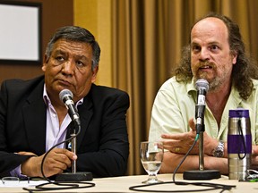 Mikisew Cree First Nation Chief Steve Courtoreille, left, and University of Manitoba's Stephane McLachlan, speak about a study on the adverse health effects of the oil sands, at the Courtyard Marriott Hotel in Edmonton on Monday. (CODIE MCLACHLAN/Edmonton Sun)