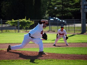 St. Thomas Tomcats pitcher Tyler Gillies unloads a pitch against the Tecumseh Thunder Friday night at Emslie Field in St. Thomas. The Tomcats fell 5-0 to the defending Canadian junior baseball champs. (Ben Forrest, Times-Journal)