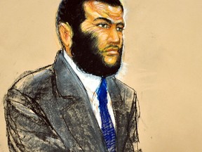 A courtroom sketch shows defendant Omar Khadr, a native of Toronto, listening to testimony during his sentencing hearing at the Guantanamo Bay Naval Base in Cuba, in this sketch from October 26, 2010. (Janet Hamlin/Pool)