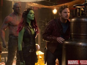 Drax (Dave Bautista), Gamora (Zoe Saldana), and peter Quill (Chris Pratt) in Marvel's Guardians of the Galaxy